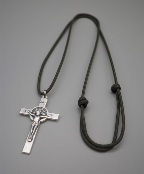 St. Benedict Silver Crucifix Necklace - Adjustable Paracord