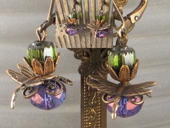 Purple and Olive Green Dragonfly Earrings