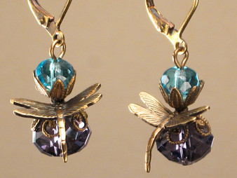 Turquoise and Amethyst Purple Glass Dragonfly Earrings