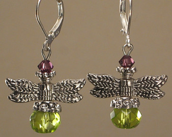 Green and amethyst glass silver dragonfly earrings
