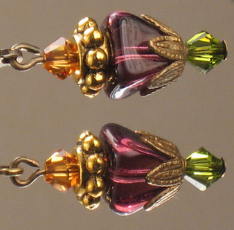 Purple, Amber, Olive Pyramid Earrings