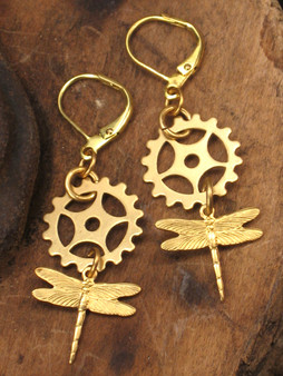 Steampunk gear and dragonfly earrings