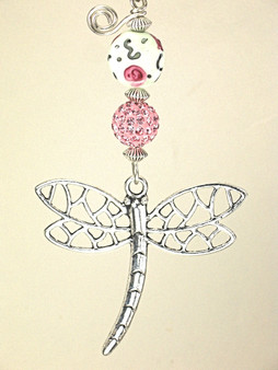 Pink rose art glass and rhinestone silvery dragonfly ceiling fan pull