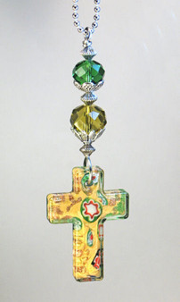 Gold Green Glass Cross Car Charm Ornament