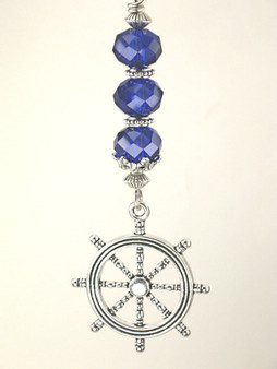 Silvery Ship's Helm Wheel and Cobalt Blue Ceiling Fan Pull