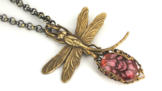 Pink Gem and Brass Dragonfly Necklace