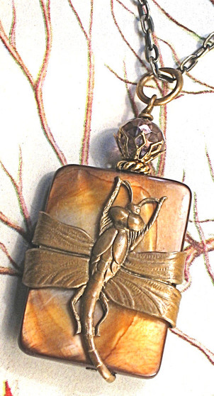 Amber Mother of Pearl Dragonfly Necklace