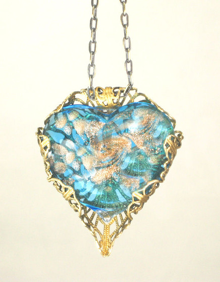 Turquoise/Gold Blown Glass Heart Filigree Necklace