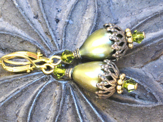 Olive Green Mother of Pearl Drop Earrings