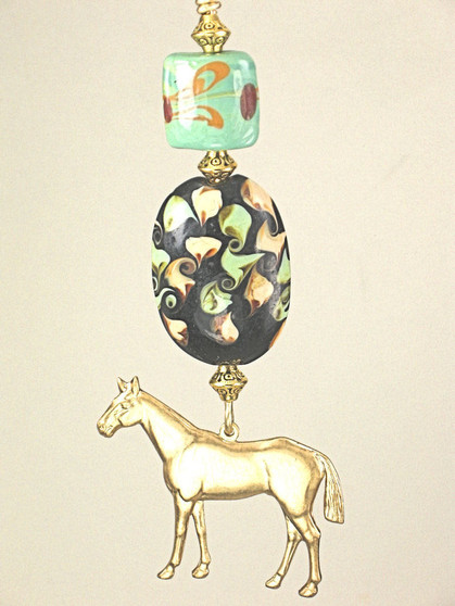 Brass horse and black and green lampwork glass ceiling fan pull