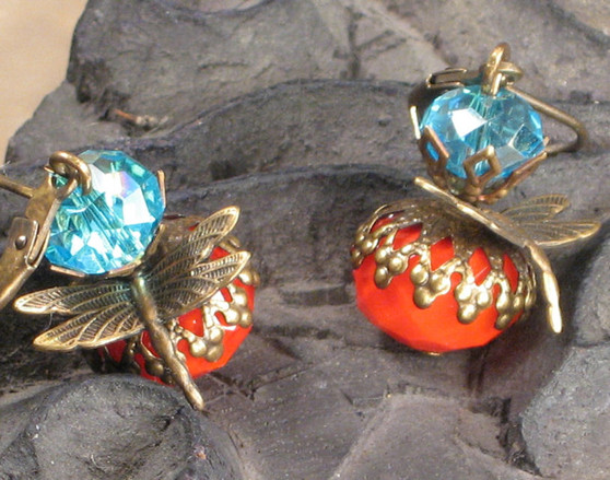 Orange and Turquoise Blue Glass Dragonfly Earrings