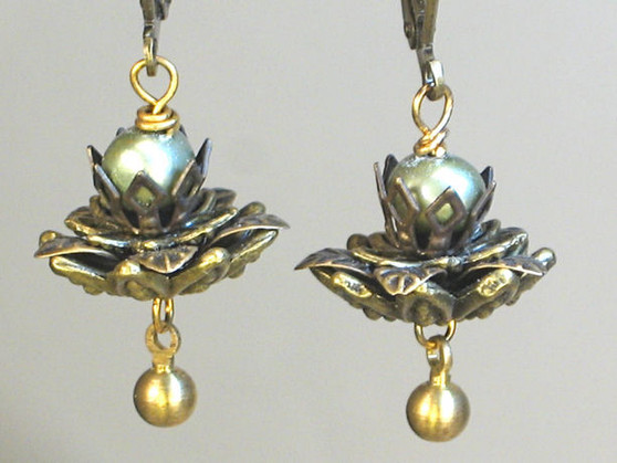 Antiqued Celadon Green Freshwater Pearl Earrings