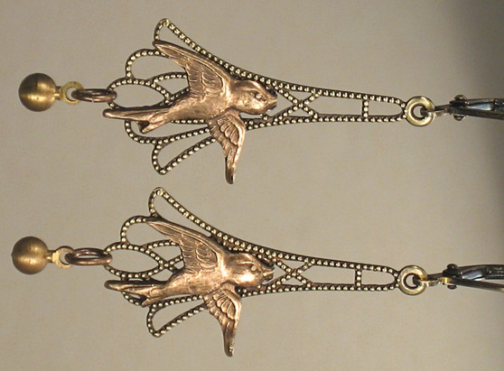 Brass birds on filigree lattice earrings