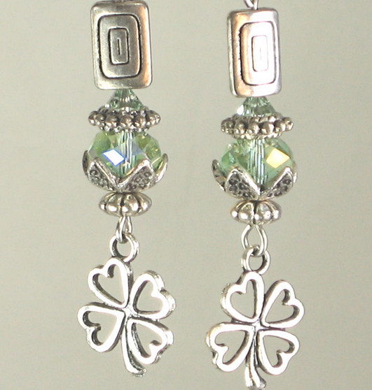 Green and Silvery Clover Irish Shamrock Earrings