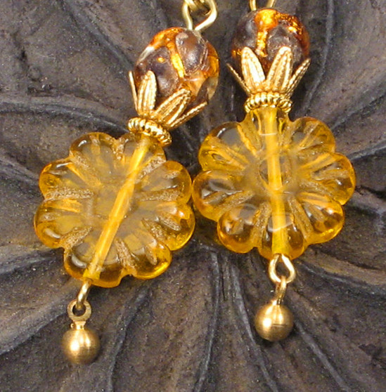 Antique Amber Glass Flower Earrings