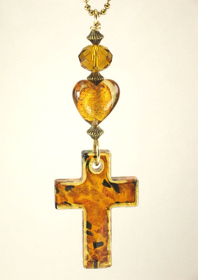 Amber-Gold Venetian-Style Glass Heart and Religious Cross Rear View Mirror Ornament