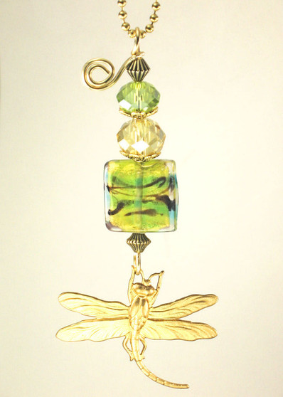 Amber and Green Glass  Dragonfly Rear View Mirror Car  Ornament