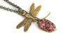 Pink Gem and Brass Dragonfly Necklace