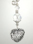 Silvery Puffed Scrollwork Heart and Crystal Clear Glass Car Charm Ornament