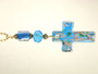 Turquoise Blue and Gold Glass Cross Rear View Mirror Car Ornament