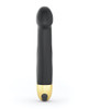 Size Medium Dorcel Real Vibration Rechargeable Vibrator 2.0 in black and gold, shown outside packaging with the full small-size curved silicone shaft, rounded tip, matte black finish, metallic gold base accent, and integrated control button.