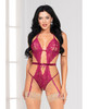 Floral Lace, Open Crotch Teddy with Removable Garters Wine - Seven Til Midnight Lingerie