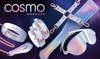 Cosmo Metallic Rainbow Bondage Kit with holographic cuffs, collar, leash, blindfold, and flogger
