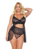 Queen Sized Black Stretch Lace & Mesh Babydoll & High Waist Thong - Coquette