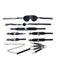 Black faux leather bondage set including blindfold, ball gag, wrist cuffs, ankle cuffs, collar, O-ring connector restraints, and leash