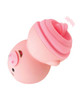 Close-up of the Pigly waterproof clitoral stimulator showing the flexible tongue-shaped tip, compact pig design, and USB-C rechargeable base.