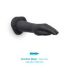 Side profile of the hand-shaped silicone dildo lying horizontally, emphasizing the natural arm contour, smooth surface, and sturdy suction cup base for stability.