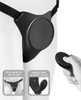 Close-up image of the Dillio Body Dock Pro Double Delight harness with the rechargeable remote control, showing the silicone docking plate and strap system.