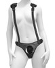 Front-facing product image of the Body Dock Strap-On Suspender Harness showing the silicone docking plate, adjustable straps, and overall fit of the suspender-style design.