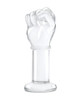 Clear glass butt plug with a sculpted fist-shaped head, shown against a neutral background. The toy features a smooth, transparent finish with a wide circular base for stability.