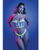 White glow-in-the-dark lingerie set with zipper bustier, underwire cups, and adjustable halter straps