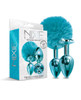 Aqua blue metal butt plug set with bunny tail featuring two aluminum plugs—one with a soft faux-fur pom and one with a jewel base—displayed side by side.