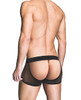 Back view of black fishnet men’s trunk featuring open back design with exposed rear and mesh side panels