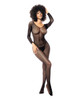 Front view of black long sleeve fishnet bodystocking with scoop neckline, full-length mesh design, and sheer open weave