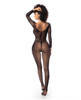 Full body view of black fishnet bodystocking showing long sleeves, footed legs, and form-fitting stretch material