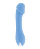 Dainty Dick Vibe product image showing a small blue vibrator with a slim curved shaft, rounded realistic head, against a white background.