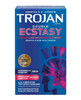 Front-facing retail packaging of Trojan Double Ecstasy Condoms 10 Pack in a blue rectangular box with the Trojan helmet logo at the top, “Double Ecstasy” branding centered, and product count displayed along the lower edge.