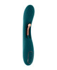 Playboy Aurelie G-Spot Tickler vibrator displayed outside packaging, showing the full curved forest green silicone body with rose gold stimulation arm. The shaft features circular textured detailing and an ergonomic handle grip with control buttons visible near the base.