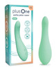 PlusOne Petite Pelvic Wand shown beside its retail packaging. The box displays the mint green wand, PlusOne branding, “petite pelvic wand” product name, and visible feature icons for heat, vibration, and curved comfort.