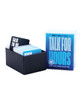 Why Don’t We Talk For Hours conversation card deck shown inside its black storage box beside the retail packaging, with stacked cards and category divider cards visible.
