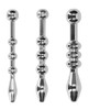 OUCH Urethral Sounding Metal Plug Set displayed with all three polished stainless steel sounds arranged side-by-side against a light background, showing the graduated sizing and textured bead designs.