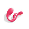 Front-facing product shot of the Vibrosa Mini App-Controlled Egg Vibe displayed upright against a clean white background. The curved wearable vibrator features a smooth pink silicone finish with a rounded insertable bulb and elevated clitoral stimulation arm.