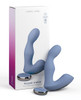 JimmyJane Pulsus P-Spot Vibrator shown beside retail packaging. The product appears in matte blue silicone with a curved dual-arm design and a separate round remote control positioned in front.