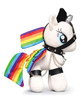 The Rainbow Bondage Pony Plushie standing upright with a white plush body, rainbow-colored mane and tail, rainbow wings, a silver unicorn horn, and black harness straps with silver chain details around the body.