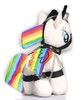 Close-up side view of the Rainbow Bondage Pony Plushie showing the rainbow mane, silver horn, rainbow wings, and black faux leather harness details against the white plush body.