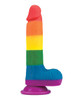 The Get Lucky 7.5" Real Skin PRIDE Dildo standing upright with a curved shape, suction cup base, realistic head detail, and horizontal rainbow stripes running across the shaft.